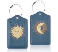 Boho Sun Moon Luggage Tags Bag Tag with Privacy Cover Name Id Card Stainless Steel Loop Suitcase Labels Pu Leather Baggage Tags for Travel,2 Pcs