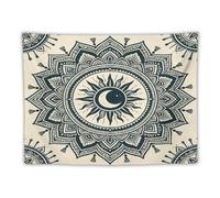 Boho Sun Moon Mandala Tapestry Wall Hanging Bohemian Celestial Pattern Light Beige Dark Blue Aesthetic Decor for Bedroom Living Room 30"x40"