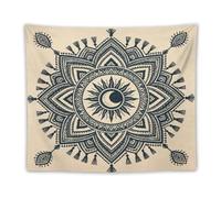 Boho Sun Moon Mandala Tapestry Wall Hanging Bohemian Celestial Pattern Neutral Beige Dark Blue Aesthetic Decor for Bedroom Living Room 50"x60"
