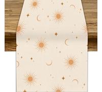 Boho Sun Moon Table Runner, Bohemian Mid Century Abstract Starry Sky Orange Sunshine Print Table Cover for Home Party Decor Kitchen Dining Table, 13x36inch