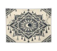 Boho Sun Moon Tassel Mandala Tapestry Wall Hanging Bohemian Celestial Pattern Neutral Beige Dark Blue Aesthetic Decor for Bedroom Living Room 30"x40"