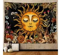 Boho Sun Tapestry for Bedroom Aesthetic, Vintage Plant Mushroom Botanical Sun and Moon Art Tapestries Wall Hanging for Dorm Living Room Decor 80X60, Fairy Poster Blanket