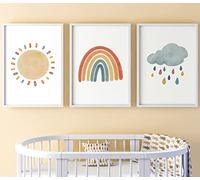 Boho Sunshine Rainbow Rain Cloud Set of 3 Unframed Poster Prints, Girl Boy Neutral Nursery Bedroom Decor Wall Art, Playroom Poster, Boho Rainbow Sun Cloud Rain (A4)