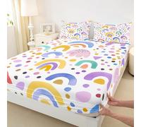 Boho Sweet Style Fitted Sheet,Double Size Watercolor Hand Paint Print Collections,Cute Rainbow Bedding Deep Pocket for Children Teens Young with 2 Pillowcases(No Flat Sheet)
