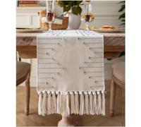 Boho Table Runner 13 x 90 Inch Long Natural Cotton Woven Runner with Tassels for Home Dining Table décor, for Modern Farmhouse Decor Coffee Table Runner, Grey and Beige