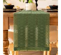 Boho Table Runner 30 x 140 cm Macrame Green Cotton Linen Tablecloth with Tassels, Rustic Table Decoration for Wedding, Kitchen, Country Style, Washable, Party Decoration