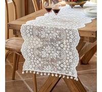 Boho Table Runner Flowers Leaves Wave Lace with Velvet Balls, White 118 Inches Long Dining Table Runners Vintage Polyester Table Decoration for Living Room, 18x118"