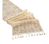 Boho Table Runner for Farmhouse Dining and Bedroom Decor, Knitted Hollowed-Out Cotton Tablecloth with Tassels, Cream and Be(C)