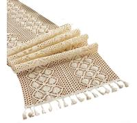 Boho Table Runner for Farmhouse Dining and Bedroom Decor, Knitted Hollowed-Out Cotton Tablecloth with Tassels, Cream and Be(D)