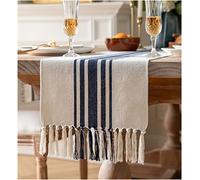 Boho Table Runner for Modern Farmhouse Decor, Dining Table décor 13 x 108 Inch Long, Coffee Table Runner with Handcrafted Tassels, Navy and Beige, for Home Bohemian Decoration