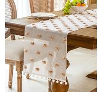 Boho Table Runner - Sheer Lace Mesh Stuffed Ball with Pom Pom Tassels Long Table Cloth for Wedding Party Kitchen Dining Coffee Table Modern Farmhouse Decor (Coffee,35×120cm)