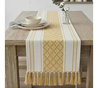 Boho Table Runner with Tassels 14 x 90 Inches, Yellow & Cream | Woven Washable Console Table / Dresser Runner and Topper, Farmhouse Long Tabletop Cover Boho Decoration with Fringe
