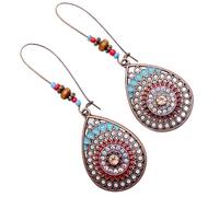 Boho Teardrop Dangle Earrings - Copper Tone Filigree with Turquoise & Red Enamel Mandala, Long Hook Earrings: 67mm long