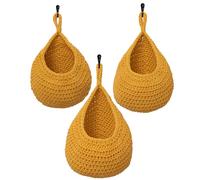 Boho Teardrop Wall Hanging Fruit Basket - Bohemian Odorless Small, Medium & Large Hanging Vegetable Baskets for Kitchen & Home Storage - Versatile Hand Woven Plant Basket Holder - Set of 3, Yellow