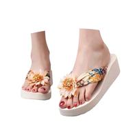 Boho Thong Sandals, Women's Summer Flip Flops, Bathing Slippers, Wedge Heel Platform with Flower Decorations, Non-Slip, Breathable Toe Separator Slippers, Beach Flip-Flop Sandals