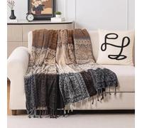 Boho Throw Blanket, Chenille Jacquard Tassels Throw Blankets for Bed Couch Soft Chair， Bohemian Fringe Tassels (Black, S:150x200)