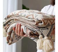Boho Throw Blanket, Knitted Brown Tassel Throw Blankets, Soft Lightweight Vintage Tan Throw Blanket for Sofa Couch Bed and Living Room- All Seasons (50x60 Inch)