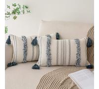 Boho Throw Pillow Covers 12x20 Set of 2 Woven Tufted Farmhouse Pillows Cover with Tassels Textured Striped Cushion Case Lumbar Pillow Cases Decorative Pillowcase for Sofa, Couch, Bed, Dark Blue