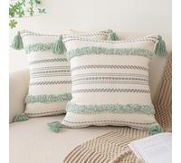Boho Throw Pillow Covers 18x18 Set of 2 Woven Tufted Farmhouse Pillows Cover with Tassels Textured Striped Cushion Case Neutral Pillow Cases Decorative Pillowcase for Sofa, Couch, Bed, Light Green