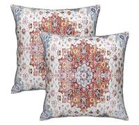 Boho Throw Pillows Cover 18x18 Inch Orange Blue Bohemian Ethnic Carpet Floral Pillow Covers Set of 2 Retro Farmhouse Pillow Case Outdoor Linen Decorative Cushion Cover for Home Couch Bed Sofa Decor