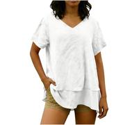 Boho Tops Beach Cover Ups And Kaftans Boho Tops for Women Plus Size V Neck Linen Shirts Casual Short Sleeve Tunic Top Solid Color Double-Layered Hem Oversized Blouse cotton t shirts for Women work