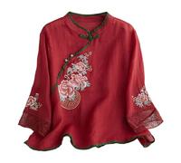 Boho Tops for Women Chinese Hanbok Qipao Cheongsam Top Blouses 3/4 Length Sleeve V Neck Button Loose Summer Shirts Asian Outfits