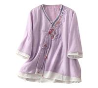 Boho Tops for Women Chinese Hanbok Qipao Cheongsam Top Blouses 3/4 Length Sleeve V Neck Button Loose Summer Shirts Asian Outfits