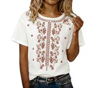 Boho Tops for Women Cotton Linen Embroidery Casual Short Sleeve Blouses Summer Vintage Breathable Boho Fashion T-Shirts Plus Size Lightweight Comfy Soft Shirts Crewneck Outdoor Travel Tees B-White