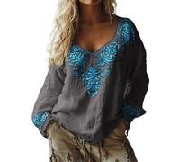 Boho Tops for Women Oversized Bohemian Embroidered Tops Fall Long Sleeve Vintage Loose Elegant Blouses Ladies Beach Leisure Hippie Clothes Retro Floral Pattern Tunics XL, Blue Style#2