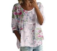 Boho Tops for Women UK 3/4 Sleeve Floral Printed Casual Loose Tunic Tops Floaty Lightweight Summer T-Shirts Bohemian Elegant Comfort Cute Tees Plus Size Peasant Smock Blouse Cerulean Clothing Ladies