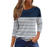 Boho Tops for Women UK Baseball Shirt 3/4 Sleeve Long Tops to Wear with Leggings 3/4 Sleeve Tops for Women UK Black and White Striped Shirt Women's Linen Tops Trendy Women Blue 3XL