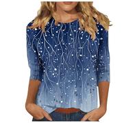 Boho Tops for Women UK Loose Fit 3/4 Sleeve Crewneck Shirts Vintage Print Blouse Slim Fit Beach Vacation Dark Blue M