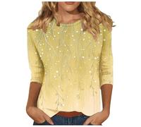 Boho Tops for Women UK Loose Fit 3/4 Sleeve Crewneck Shirts Vintage Print Blouse Slim Fit Beach Vacation Yellow XL
