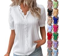 Boho Tops for Women,Women's t Shirts,Summer Lace V Neck Plain Lace Fashion Solid Color Elegant Short Sleeve Comfy Soft Tee Short Sleeve Loose Fit (White #1, M)