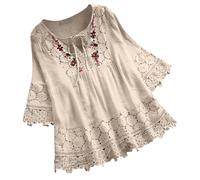 Boho+Tops Kaftans Women Full Length Boho Tops for Women Plus Size Lace 3/4 Sleeve Linen Shirt Bohemain Flower Embroidery V Neck Tunic Blouse Summer Flowy Cutout summer clothes for fitted t shirts