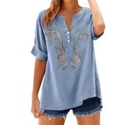 Boho+Tops Linen Shirt Women Summer Tops for Women UK Plus Size Linen Shirts Retro Embroidery Printed Short Sleeve Boho Blouse Casual Button V Neck Tunic Top Plus Size Clothing for Beach Shirts UK