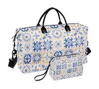 Boho Travel Duffle Bag Gym Bag, Blue Moroccan Pattern Weekender Bags for Women with Toiletry Bag Travel Tote Bag Swim Bag