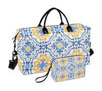 Boho Travel Duffle Bag Gym Bag, Blue Yellow Moroccan Print Weekender Bags for Women with Toiletry Bag Travel Tote Bag Swim Bag
