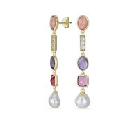 Boho Tri Tone Mixed Gemstone Crystal Accent Linear Thin Lightweight Long Baroque Pearl Pink Tourmaline Purple Amethyst Dangle Earrings For Women Teens Gold Plated