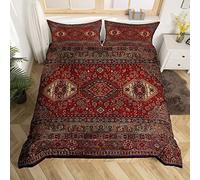Boho Tribal Duvet Cover King Retro Exotic Bedding Set Vintage Lattice Bohemian Comforter Cover Dark Red Antique Grid Damask Inspired Medallion Egyptian 3Pcs Quilt Cover