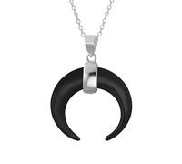 Boho Tribal Style Black Onyx Horn Italian Crescent Luna Waning Half Moon Pendant Necklace Western Jewelry For Women For Teen .925 Sterling Silver