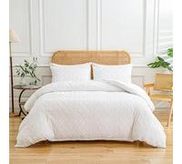 Boho Tufted Cut Floral 3 Piece Duvet Cover Set，Metal Zipper & Corner Ties | Geometric Textured High Density 110GSM Microfiber Bedding with Envelope Pillowcases for Bedroom Guest Room, No Duvet Included