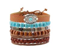Boho Turquoise and Leather Layered Bracelet Set for Women and Men - 5PCS Handmade Wooden Beaded, Braided Rope and Leather Multi-Layer Bracelets with Comfortable Fit Western Retro Jewelry Gifts(#D)