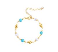 Boho Turquoise Beaded Bracelet for Women Gold-Tone Plated Stainless Steel Tiny Beads Delicate Charm Statement Bangle Adjustable Chain Fashion Chic Friendship Promise Western Jewelry for Girlfriend