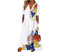 Boho UK Clearance Italian Short Sleeve Button V Neck Dresses with Pocket Floral Casual Sundress Swing Midi Dress Loose Pullover Lounge Beach Holiday Dress