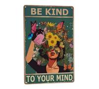 Boho Vintage Metal Signs - Positive Quotes & Inspirational Wall Decor, Funny Poster Art for Coffee Bar or Garden - Gift for Women, Hippie & Butterfly Sunflower Theme - Be Kind to Your Mind - 8x12in