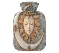 Boho Vintage Moon and Sun Brown Travel hot Water Bottle with Soft Cover, 2L hot Water Bag for Arthritis, Arthritis