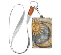 Boho Vintage The Sun The Moon Leather id Badge Holder for Women with Lanyard and 3-Card Capacity case with Card Holder for Office Shcool Hospital & Driver Licence