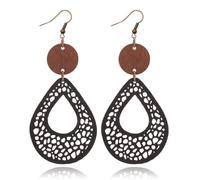 Boho Vintage Wooden Leather Round Geometric Earrings Retro Hollow Out Circle Waterdrop Earrings Lightweight Statement Jewelry Suitable for Women, Metal