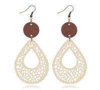 Boho Vintage Wooden Leather Round Geometric Earrings Retro Hollow Out Circle Waterdrop Earrings Lightweight Statement Jewelry Suitable for Women, Metal